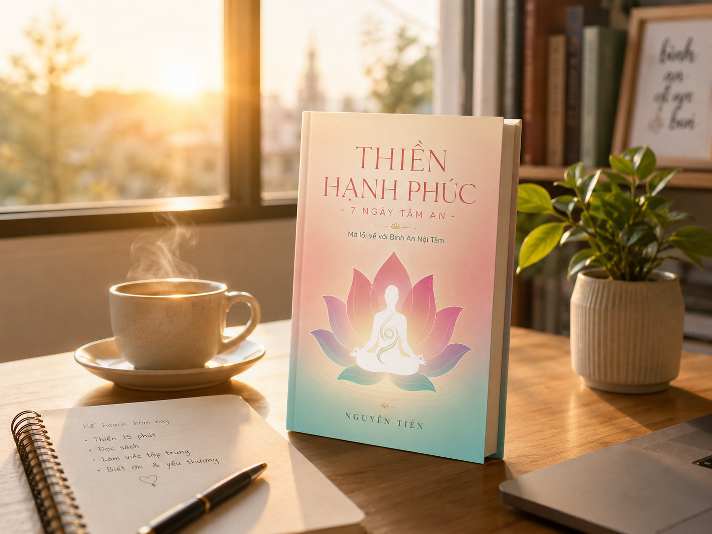 Thiền Hạnh Phúc trên bàn làm việc buổi sáng